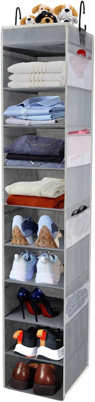 Large-Sized Hanging Shoe Organizer 10-Shelf, Sturdy Hanging Closet Organizer with 8 Side Pockets, Wider Hanging Shelves for Storage Shoes Clothes Jeans Shirts Toys, Grey