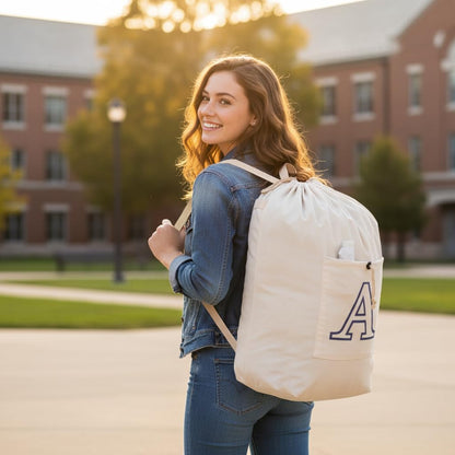 Laundry Bag Backpack Personalized Initial Design Canvas Laundry Bag with Straps & Drawstring Closure Dirty Cloth Hamper Bag for College