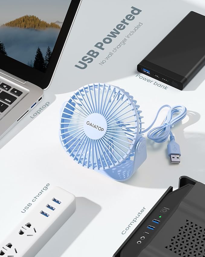 Gaiatop USB Desk Fan, 3 Speeds Strong Airflow, 5.5 Inch Portable 90° Rotate Quiet Cooling, Small Personal Table Fans for Bedroom Home Office Travel Blue