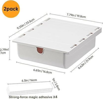 FRETONBA 2 Pack Under Desk Drawer Self-Adhesive Hidden Desktop Organizer, Attachable Desk Drawer Slide Out, Table Storage Tray for Stationery Home Office Organization Medium White