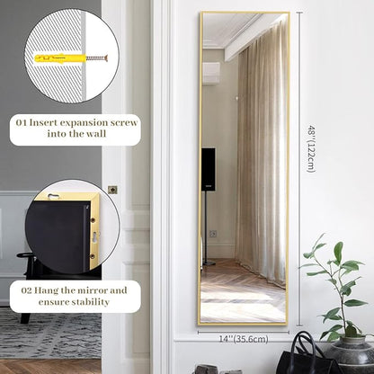 BEAUTYPEAK 14" x 48" Adjustable Height Over The Door Mirror, Rectangular Full Length Hanging Door Mirror with Shatterproof Tempered Glass Aluminum Alloy Frame for Dormitory, Gold