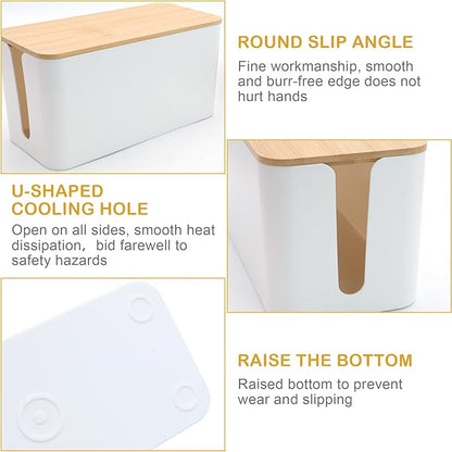 Cable Tidy Box White Cable Box with Bamboo Lid Cable Organiser Cable Management Box for Hiding Cables and Plugs