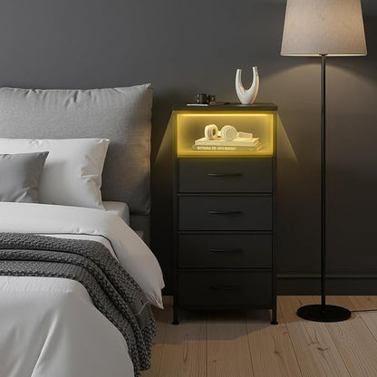 DUMOS Nightstand with Charging Station, LED Night Stand with 4 Fabric Drawers, Bedside End Table with USB/Type-C Ports and Outlets for Bedroom Furniture, Adjustable Feet, Black