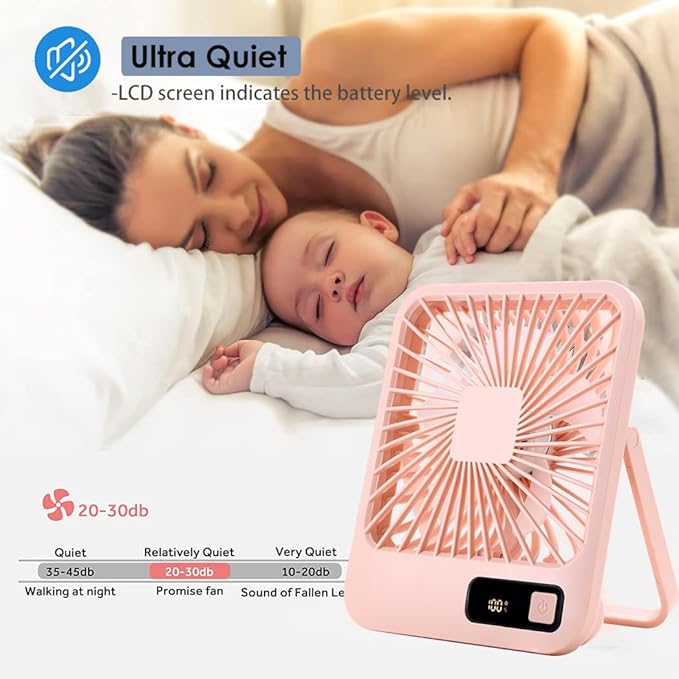 Small Desk Fan, Portable USB Rechargeable Fan, Tilt Folding Personal Mini Fan with 2000mAh Battery and LCD Display, Strong Wind, Ultra Quiet, 5 Speed Modes for Office, Home, Camping
