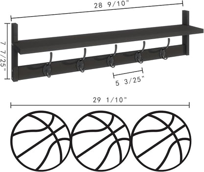 BAMEOS Wall-Mounted Shelf with Hooks - 28.9 Inch Entryway Hanging Shelf with 5 Dual Hooks for Bathroom, Living Room, Bedroom (Black)