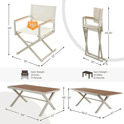 Grand patio 7-Piece Outdoor Dining Set, 6 Extra-Wide Folding Chairs & 1 Rectangle Expandable Table for 6-8 Person, Sling Mesh Patio Chairs with Wood Grain Table for Yard, Poolside, Deck, Apricot