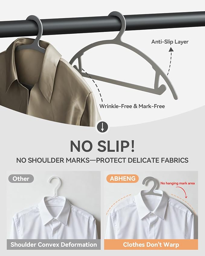 ABHENG 80 Pack Clothes Hangers, Non Slip Heavy Duty Plastic Hangers, Space Saving All-in-One Garment Hangers for Dresses Suits Jeans Knits, Hold Up to 11 LB Dry & Wet, 16.4" x 8.3", Gray, UAPY0880G