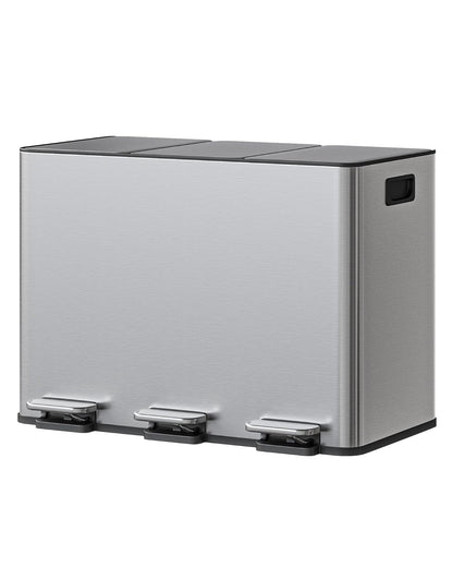 3-in-1 Stainless Steel Recycling Trash Can, 3 x 4 Gallon (12 Gal Total) Triple Compartment Kitchen Garbage Bin with Soft-Close Step Lid, Hands-Free Waste Sorting for Home, Silver