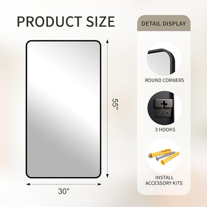 FICTOR Bathroom Mirror, 30"x55" Black Framed Vanity Mirror for Wall, Shatterproof &Anti-Rust Bathroom Mirrors for Over Sink, Bedroom, Living Room, Entryway, Vertical/Horizontal Mount