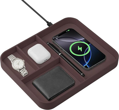 VOVIPO Faux Leather Valet Tray,with 2 in 1 Wireless Charging Compitable With iPhone/17/16/15/15 Plus/15 Pro/15 Pro Max/14/13/12/Wireless earphones,Office/Home Desk Organizers Tray-Brown