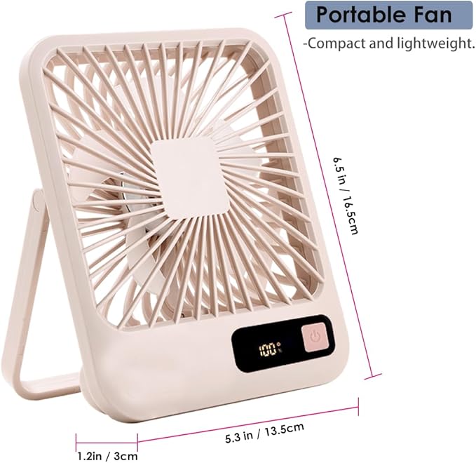Small Desk Fan, Portable USB Rechargeable Fan, Tilt Folding Personal Mini Fan with 2000mAh Battery and LCD Display, Strong Wind, Ultra Quiet, 5 Speed Modes for Office, Home, Camping (khaki)