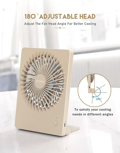 Zuvas Desk Fan Battery Operated Fan Rechargeable 180°Tilt Folding Personal Fan Ultra Quiet Small Portable 3 Speed Adjustable Strong Wind Fan For Office Bedroom Home Desktop Camping (Beige)