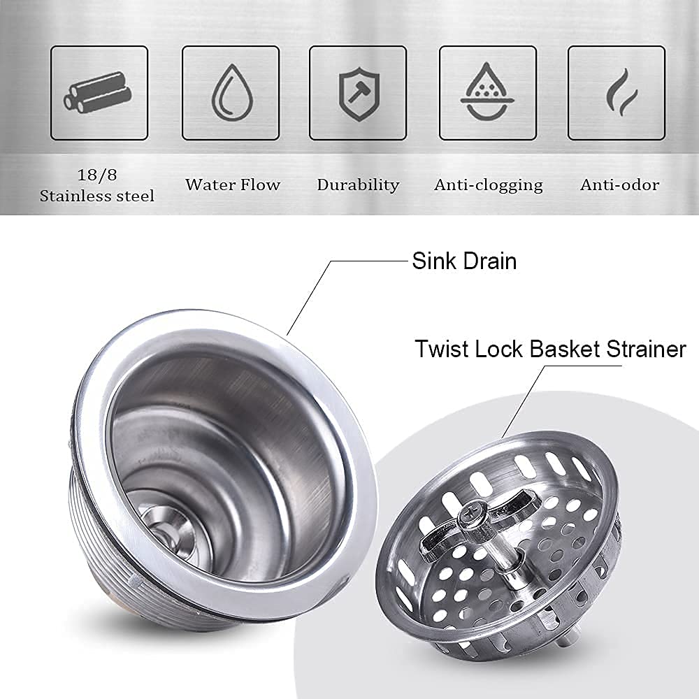 304 Stainless Steel Kitchen Sink Twist Lock Basket Drain Assembly W
