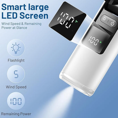 Lerat Portable Handheld Turbo Fan, 5 High-Speed Wind, Battery Operated, Up to 12H Runtime, 3 IN 1 Hand Fan with LED Display & Flashlight, Personal Cooling Fan for Travel, Outdoor, Beach Essentials