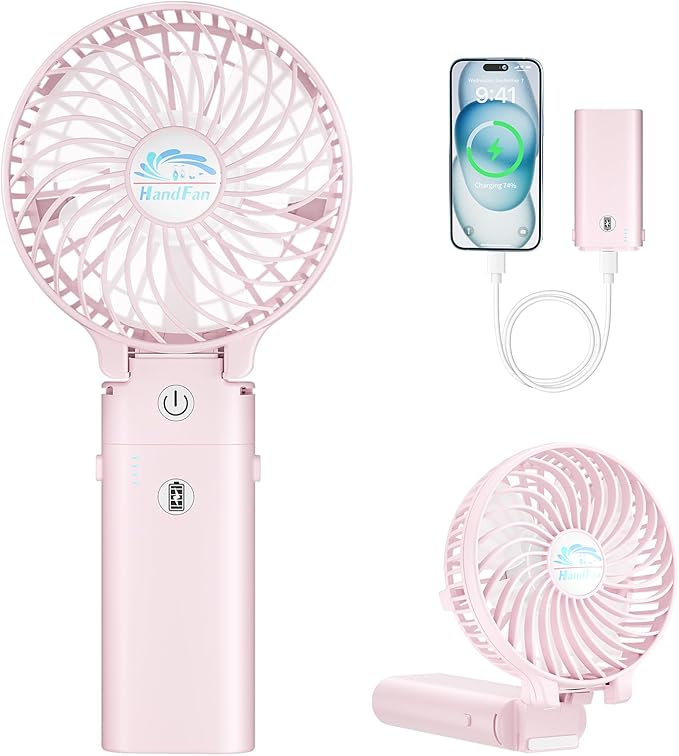 HandFan 5200mAh Handheld Fan Rechargeable, 20H Runtime Hand Fan, 3 Speeds Strong Airflow, Personal 180° Foldable Portable Fans for Travel/Summer/Concerts/Lash/Commute, Gifts for Women (Cherry Pink)