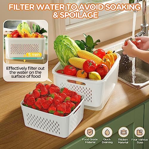 5-Pack Fruit Storage Containers for Fridge with Removable Colanders, 4 in 1 Produce Storage Containers with Lids, Leakproof Fridge Organizer Bins for Salad Berry Lettuce Vegetables Meat Keeper Fresh