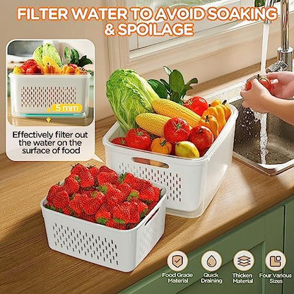 5-Pack Fruit Storage Containers for Fridge with Removable Colanders, 4 in 1 Produce Storage Containers with Lids, Leakproof Fridge Organizer Bins for Salad Berry Lettuce Vegetables Meat Keeper Fresh