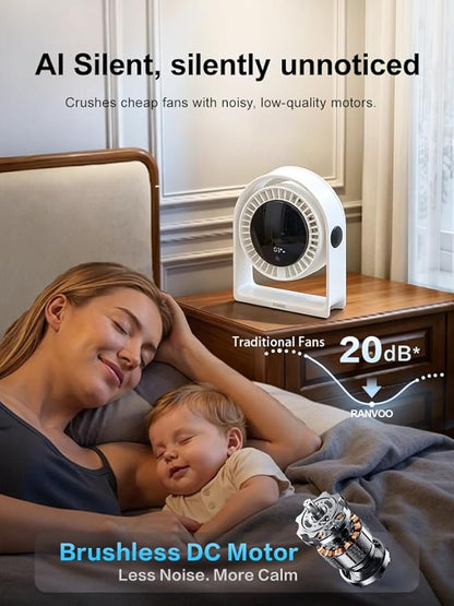 RANVOO 2026 New Desk Fan, Quiet Air Circulator Mini Fan for Bedroom, 4 Speeds Strong Airflow Portable Fan, Smart Display USB Fans,120°Tilt, Small Desktop Table Fans For Office Room, Ivory White
