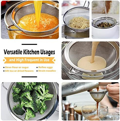 Stainless Steel Fine Mesh Strainers, Set of 3 Sizes Strainer for Kitchen, Wire Sieve with Insulated Handle Kitchen Strainer, Baking Tools Colander, Food Preparation, Flour Sifter, Rice, Pasta Strainer