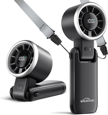 WHATOOK Portable Handheld Turbo Fan: 12m/s Strong Wind 15000RPM High Speed Mini Fan, 4000mAh Battery Rechargeable Personal Fan with LED Display, 3 in 1 Foldable Fan for Tech Gift, (Black)