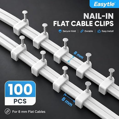 Cable Clips Nail in Cable Clips 100 Pcs 8mm Flat Ethernet Cable Wall Clips Cable Tacks Coax Cable Clip Speaker Wire Clips Cable Nails for Cords Cat5/Cat5e/Cat6/Cat7 RJ45 Cord Clips