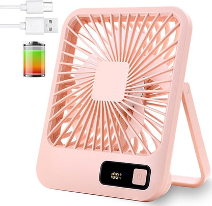 Small Desk Fan, Portable USB Rechargeable Fan, Tilt Folding Personal Mini Fan with 2000mAh Battery and LCD Display, Strong Wind, Ultra Quiet, 5 Speed Modes for Office, Home, Camping