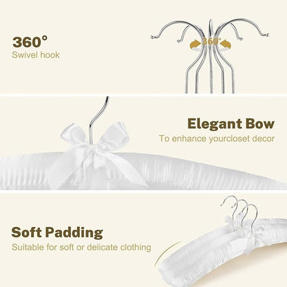 HOUSE DAY 17 Inch Satin Padded Hangers for Women, 4 Pack Heavy Duty Silk Hangers with Swivel Hooks, No Shoulder Bump Thick Foam Hangers for Sweater, Wedding Dress, Coat & Delicate Cashmere - White