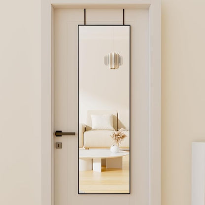 BEAUTYPEAK 16" x 50" Adjustable Height Over The Door Mirror, Full Length Hanging Door Mirror with Shatterproof Tempered Glass Aluminum Alloy Frame for Bedroom, Living Room, Bathroom, Dorm, Black