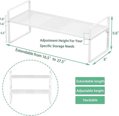 Redrubbit Expandable Cabinet Storage Shelf, Adjustable Height Steel Metal Kitchen Counter Organizers Shelves Spice Rack for Kitchen Pantry Bathroom Cupboard Desk Home Office, White-2 Pack