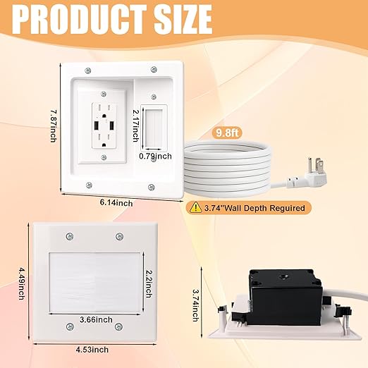 TV Cord Hider for Wall Mounted TV, in-Wall Cable Management System with Recessed Power Outlet, Power & Low Voltage Cable Concealer Kit for Clean and Organized Home Theater Setup(AC+ USB)