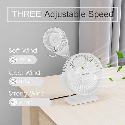 TriPole Small Desk Fan USB Powered Personal Fan 3 Speeds Strong Airflow Mini Fans 360°Rotation Portable 5.1 Inch Table Fans for Home Office Bedroom Desktop, White, 4.9ft Cable