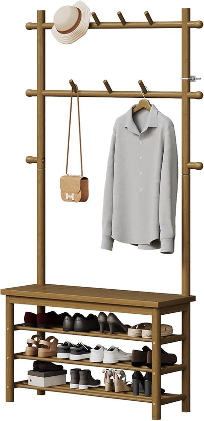 Bamboo Hall Tree with 13 Hook, 6-in-1 Entryway Bench with Coat Rack Freestanding, Coat Rack with Shoe Storage Bench Organizer for Mudroom, Bedroom, All-in-One Shoe Rack,Walnut