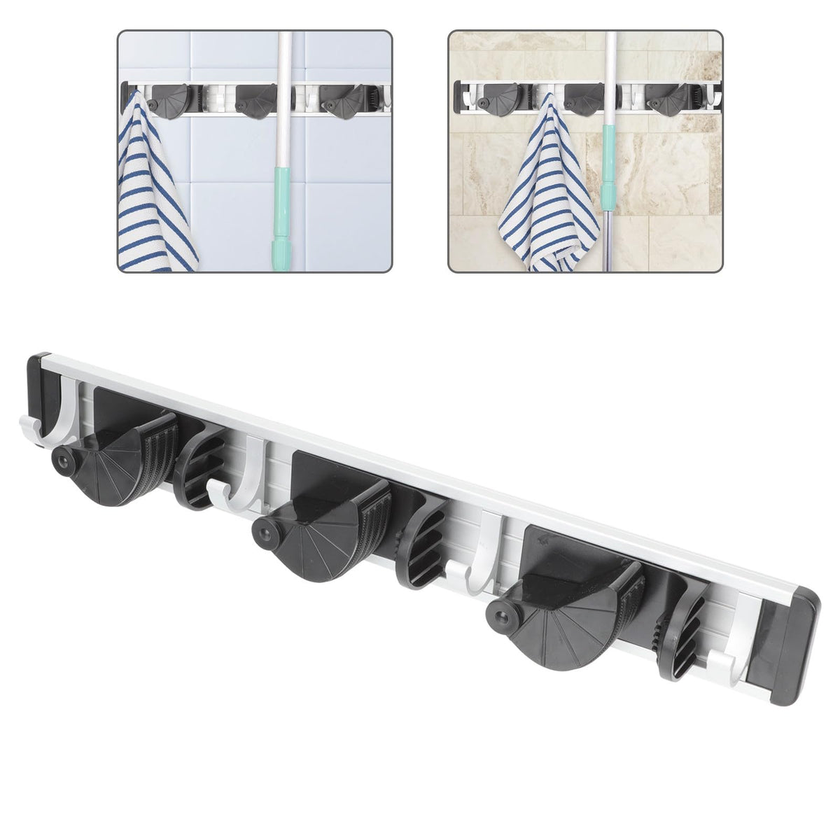 Punch free Space Aluminum Broom and Mop Holder Wall Hanging Rack with 4 Hooks and 3 Clips