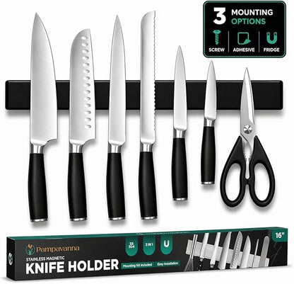 Magnetic Knife Holder 16 Inch Black for Wall or Fridge, 304 Stainless Steel Knife Strip, No Drill Adhesive Rack, Strong Magnetic Kitchen Organizer, Premium Gift by Pampavanna