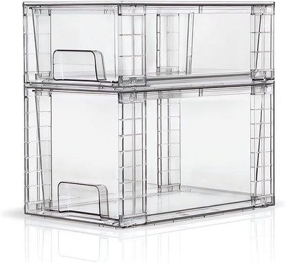 Clear Stackable Acrylic Storage Drawers(2 Pack), Plastic Organizer Bins with Handles, Easy Assembly for Bathroom Kitchen Pantry Cabinet Under Sink Snack Home Storage Solutions