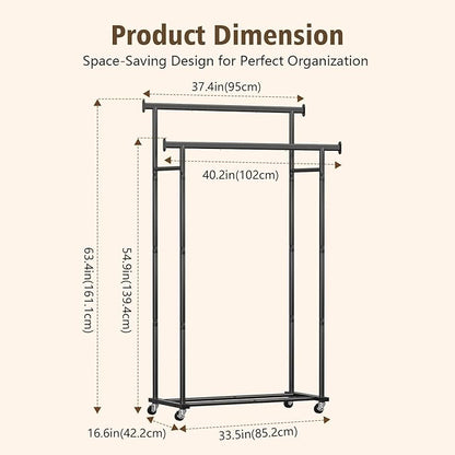 Clothes Rack,Rolling Clothing Rack for Hanging Clothes, Garment Rack Sturdy Clothing Rack Portable Wardrobe Rack Metal Closet Rack for Bedroom Laundry Living Room, Black