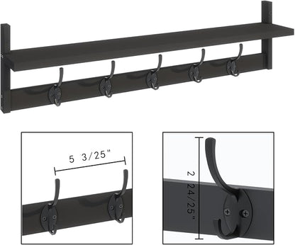 BAMEOS Wall-Mounted Shelf with Hooks - 28.9 Inch Entryway Hanging Shelf with 5 Dual Hooks for Bathroom, Living Room, Bedroom (Black)
