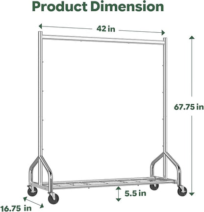 Simple Trending Heavy Duty Clothes Rack Load 420 LBS, Rolling Clothing Racks with Lockable Wheels, Metal Garment Rack for Hanging Clothes, Bedroom, Laundry Room, Silver