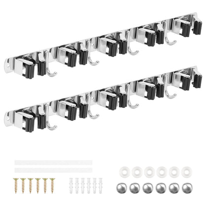 2 Pack Broom Holder Wall Mount 5 Racks 4 Hooks Stainless Steel Broom Mop Holder Anti Slip Storage Rack Strong Load Bearing Waterproof Broom and Mop Organizer Wall Hanging for Bathroom Kitchen Garage (2 Count)