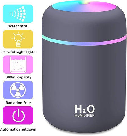 Mini Humidifier,300ml Small Cool Mist Humidifier with 7-Color LED Night Light,USB Personal Desktop Humidifier,2 Adjustable Mist Modes,Auto Shut-Off,Ultra Quiet,for Car,Office,Bedroom (Dark gray)