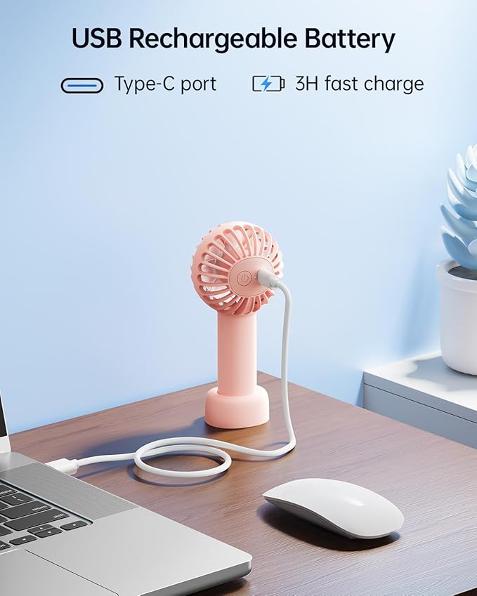 SWEETFULL Mini Portable Fan - Rechargeable Handheld Fan, 3 Speeds Personal Small Hand Gifts for Travel Essentials, Lash, Makeup, Eyelash, Kids, Girls, Women - USB, Cute Design Pink