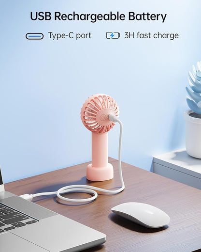 SWEETFULL Mini Portable Fan - Rechargeable Handheld Fan, 3 Speeds Personal Small Hand Gifts for Travel Essentials, Lash, Makeup, Eyelash, Kids, Girls, Women - USB, Cute Design Pink
