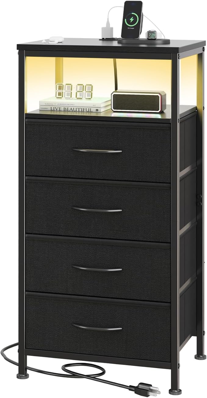 DUMOS Nightstand with Charging Station, LED Night Stand with 4 Fabric Drawers, Bedside End Table with USB/Type-C Ports and Outlets for Bedroom Furniture, Adjustable Feet, Black