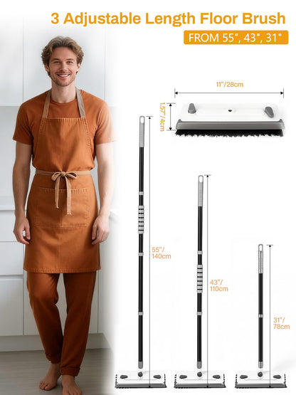 3 in 1 Floor Scrub Brush with Long Handle 55" Push Broom Stiff Bristle Scrubber Brush Squeegee Scrape & Detachable V