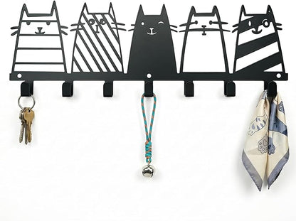Metal Key Holder Wall Mount, Cute Cat Key Rack Hooks, Whimsical Animal Wall Art Organizer for Entryway, Kitchen, Hallway, Garage, Farmhouse Home Decor & Housewarming Gift (Cat Family)