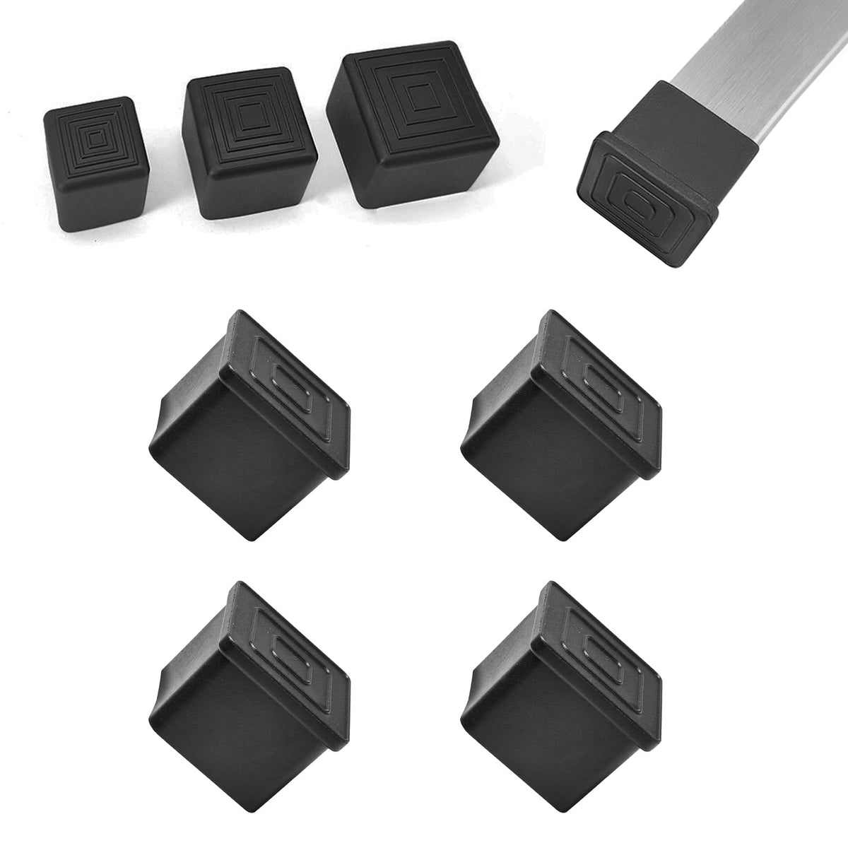 4 Pcs 1-3/4" x 1-3/4" Black Square Rubber Chair Leg Caps (4 Count)