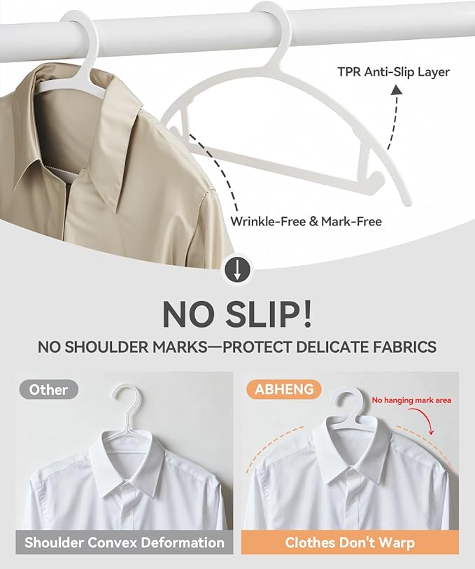 ABHENG 100 Pack Clothes Hangers, Non Slip Heavy Duty Plastic Hangers, Space Saving All-in-One Garment Hangers for Dresses Suits Jeans Knits, Hold Up to 11 LB Dry & Wet, 16.4" x 8.3",White,UAPY08100W