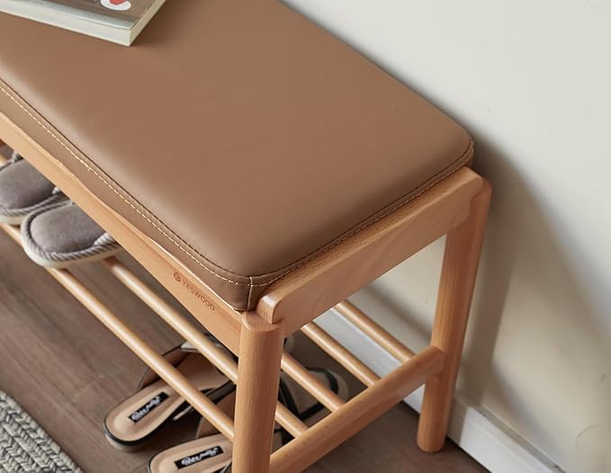 Solid Wood Shoe Bench Assembled, Shoe Rack Bench with Silicone Leather Cushion for Entryway, Living Room, Bedroom, Hallway, 11.8" x 31.5" x 16.5", Natural & Brown