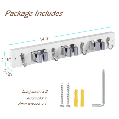 White Mop Broom Holder Wall Mount with 3 Slots & 4 Hooks