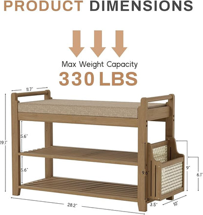 Homaxy 2-Tier Shoe Rack Bench with Side Holder, 28.2 in Bamboo Entryway Bench, Shoe Rack Organizer with Cushion for Front Entrance, Hallway Living Room Bedroom, Walnut and Light Brown